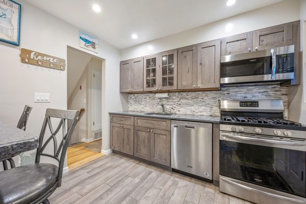 Interior, Kitchen, Recessed Lighting, Stainless Steel Appliances, Wood Texture Flooring
