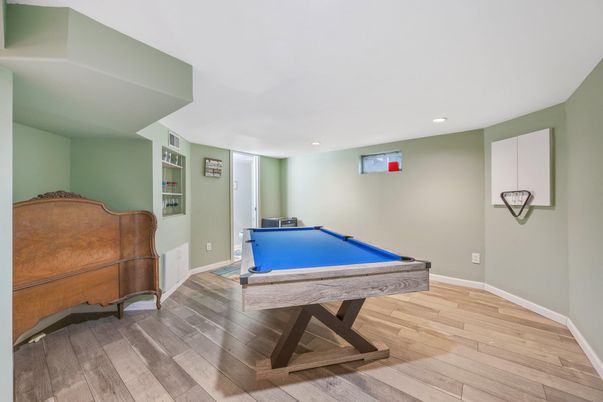 Billiard Table, Game Room, Interior, Recessed Lighting, Wood Texture Flooring