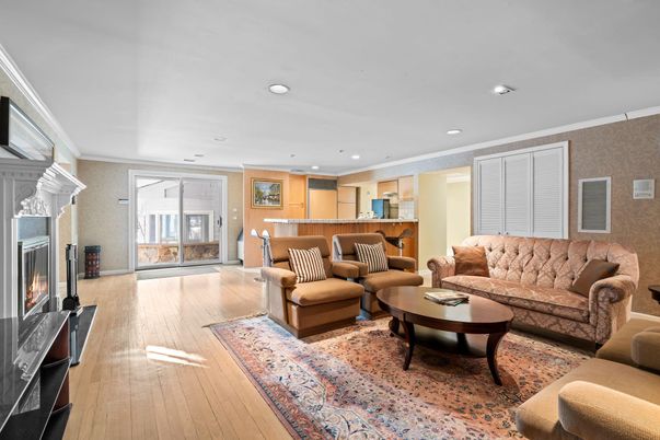 Fireplace, Interior, Kitchen, Living room, Recessed Lighting, Wood Texture Flooring