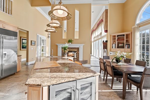 Dining room, Fireplace, Interior, Kitchen, Pendant Lights, Stainless Steel Appliances