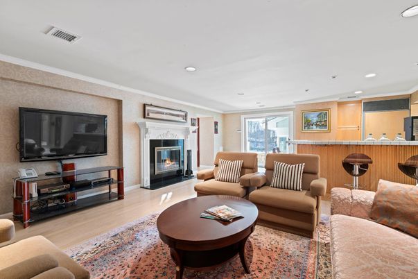 Fireplace, Interior, Living room, Recessed Lighting, Wood Texture Flooring