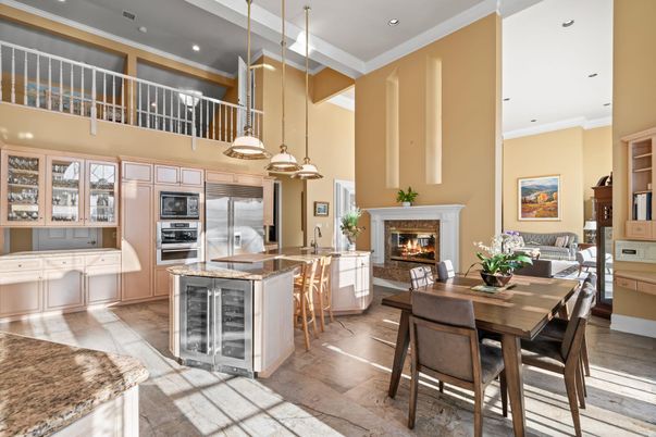 Dining room, Fireplace, Interior, Kitchen, Pendant Lights, Recessed Lighting, Stainless Steel Appliances