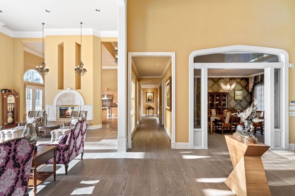 Chandelier, Dining room, Fireplace, Interior, Pendant Lights, Recessed Lighting, Wood Texture Flooring
