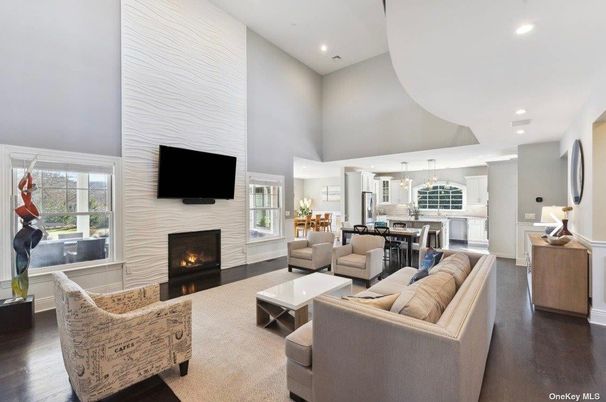 Dining room, Fireplace, Interior, Kitchen, Living room, Pendant Lights, Recessed Lighting, Wood Texture Flooring