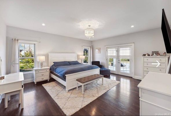 Bedroom, Chandelier, Interior, Recessed Lighting, Wood Texture Flooring