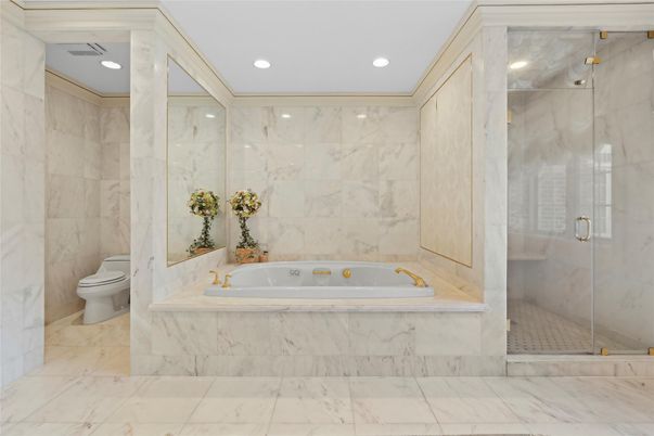 Bathroom, Glass Shower, Interior, Marble, Marble Walls, Recessed Lighting