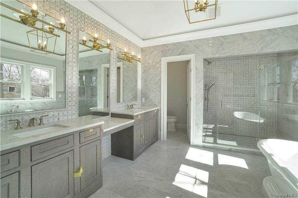Bathroom, Dual Sink Vanities, Glass Shower, Interior, Marble Walls