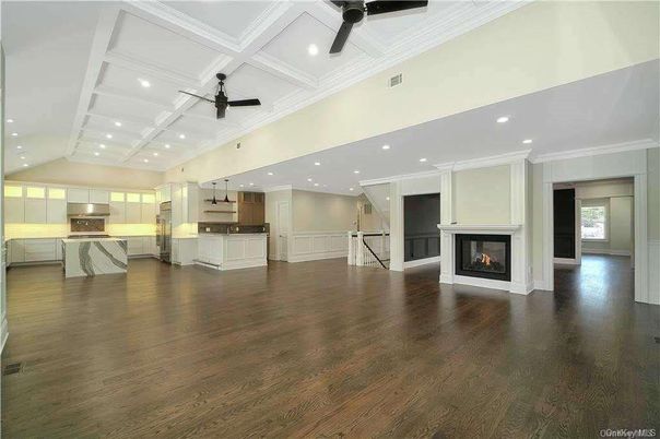 Empty room, Fireplace, Interior, Kitchen, Recessed Lighting, Wood Texture Flooring