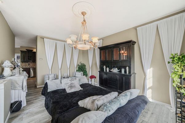 Bedroom, Chandelier, Interior, Wood Texture Flooring