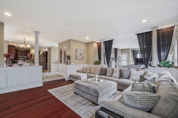 Chandelier, Interior, Living room, Recessed Lighting, Wood Texture Flooring