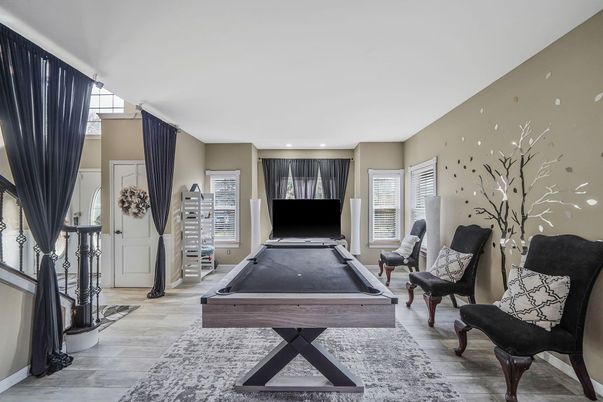 Billiard Table, Game Room, Interior, Recessed Lighting, Wood Texture Flooring