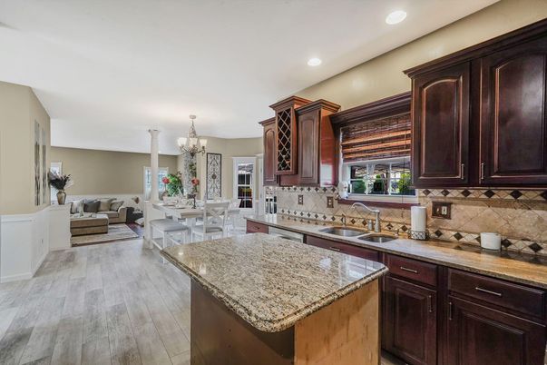 Chandelier, Dining room, Interior, Kitchen, Living room, Recessed Lighting, Wood Texture Flooring