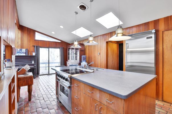 Interior, Kitchen, Pendant Lights, Recessed Lighting, Stainless Steel Appliances, Wooden Walls