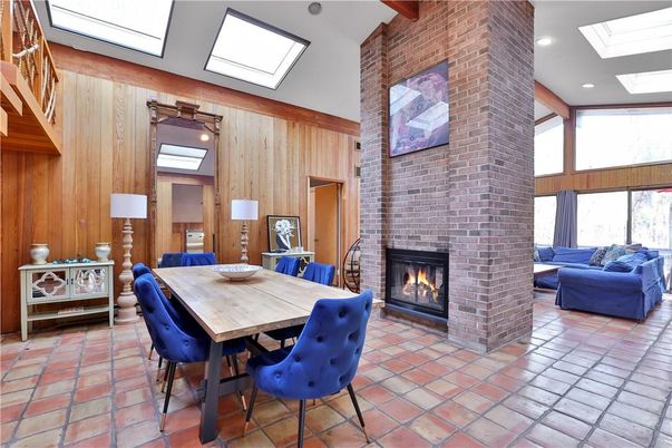 Dining room, Fireplace, Interior, Recessed Lighting, Stone Walls, Wooden Walls