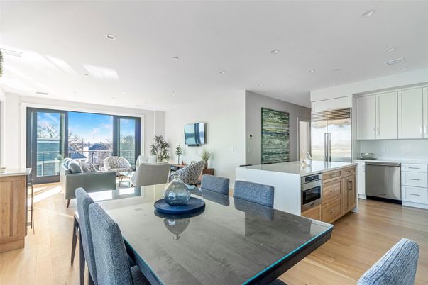Dining room, Interior, Kitchen, Living room, Recessed Lighting, Stainless Steel Appliances, Wood Texture Flooring