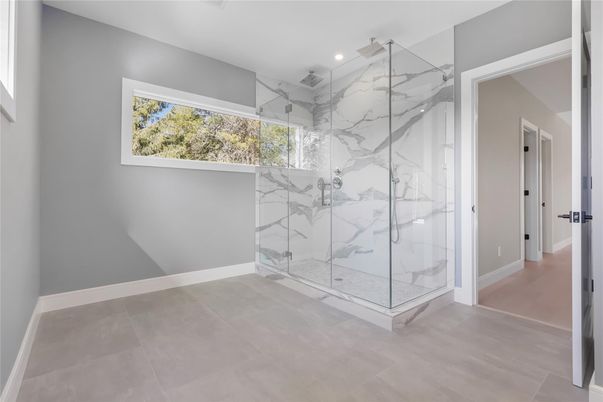 Bathroom, Glass Shower, Interior, Marble Walls, Recessed Lighting
