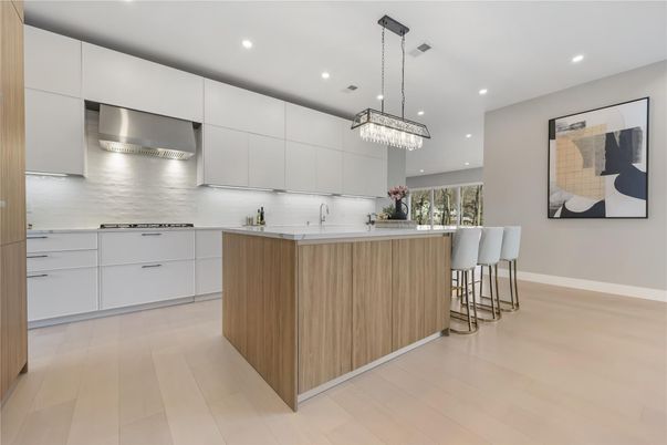 Chandelier, Interior, Kitchen, Pendant Lights, Recessed Lighting, Stainless Steel Appliances, Wood Texture Flooring