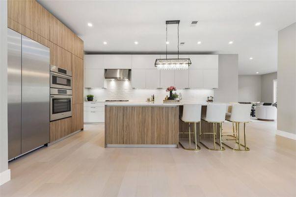 Interior, Kitchen, Pendant Lights, Recessed Lighting, Stainless Steel Appliances, Wood Texture Flooring