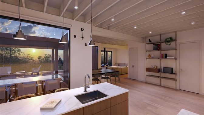Dining room, Interior, Kitchen, Pendant Lights, Recessed Lighting, Wooden Ceilings, Wood Texture Flooring