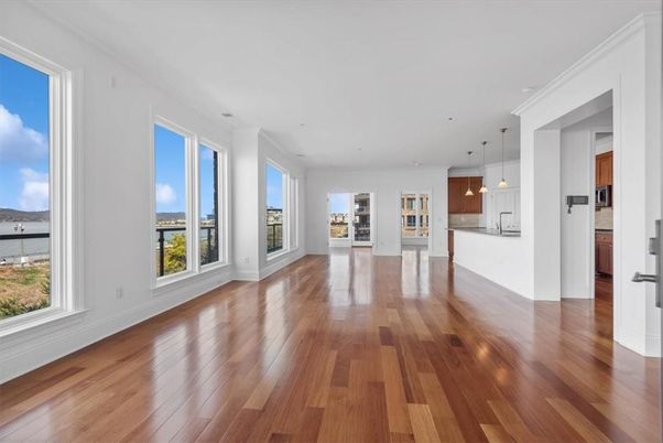 Empty room, Interior, Kitchen, Pendant Lights, Wood Texture Flooring