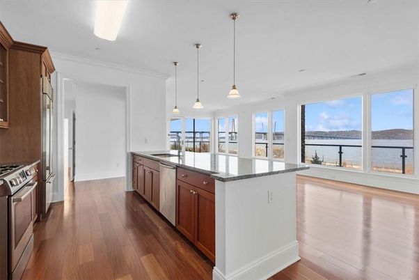 Interior, Kitchen, Pendant Lights, Recessed Lighting, Stainless Steel Appliances, Water, Wood Texture Flooring