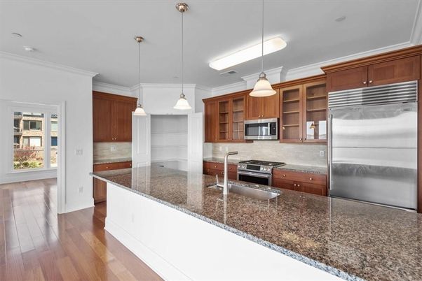 Interior, Kitchen, Pendant Lights, Stainless Steel Appliances, Wood Texture Flooring
