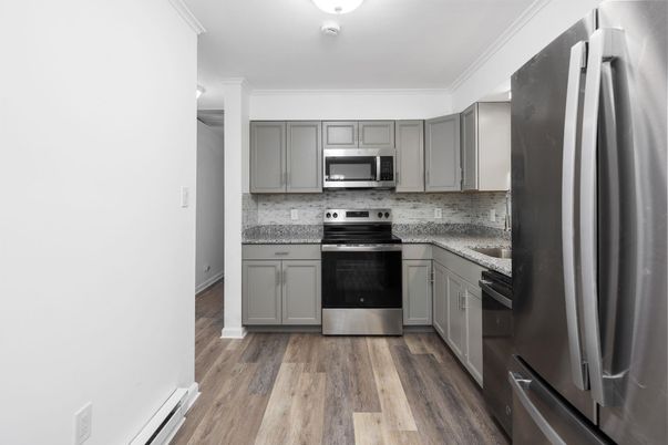 Interior, Kitchen, Stainless Steel Appliances, Wood Texture Flooring