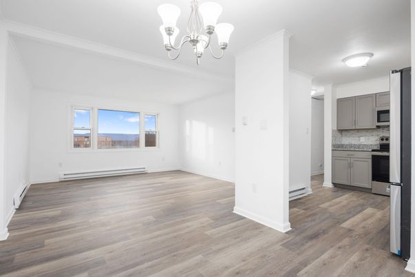 Chandelier, Empty room, Interior, Kitchen, Wood Texture Flooring