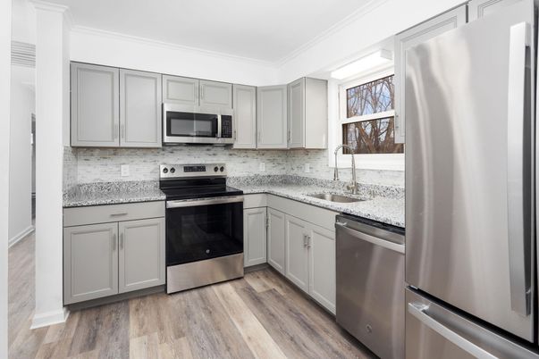 Interior, Kitchen, Stainless Steel Appliances, Wood Texture Flooring