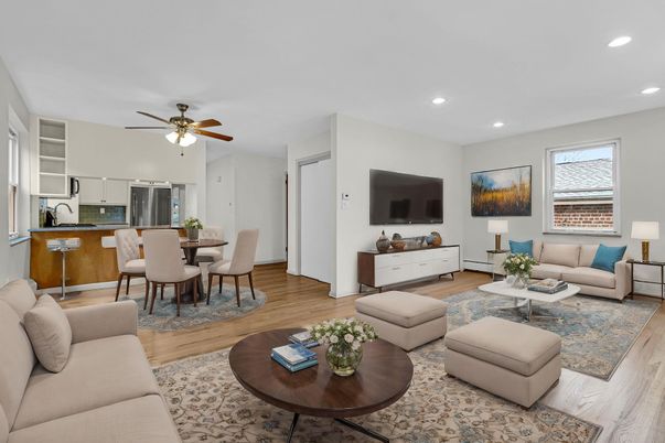 Dining room, Interior, Kitchen, Living room, Recessed Lighting, Stainless Steel Appliances, Wood Texture Flooring
