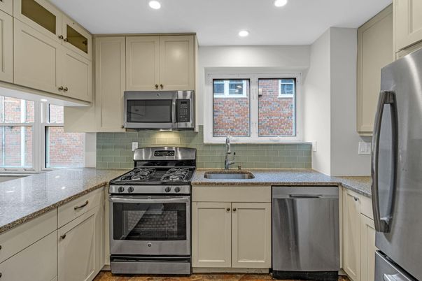 Interior, Kitchen, Recessed Lighting, Stainless Steel Appliances, Wood Texture Flooring