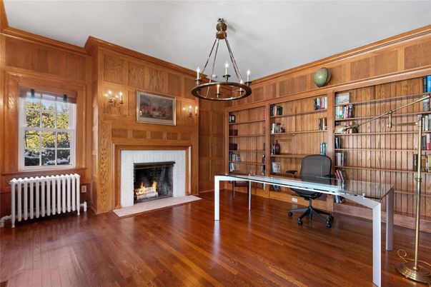 Chandelier, Fireplace, Home Office, Interior, Pendant Lights, Wood Texture Flooring, Wooden Walls