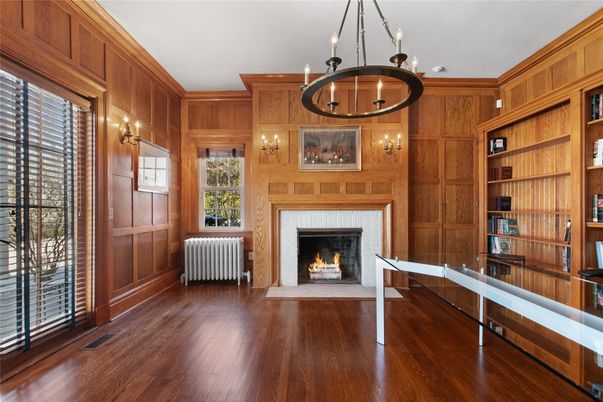 Chandelier, Fireplace, Interior, Pendant Lights, Wood Texture Flooring, Wooden Walls