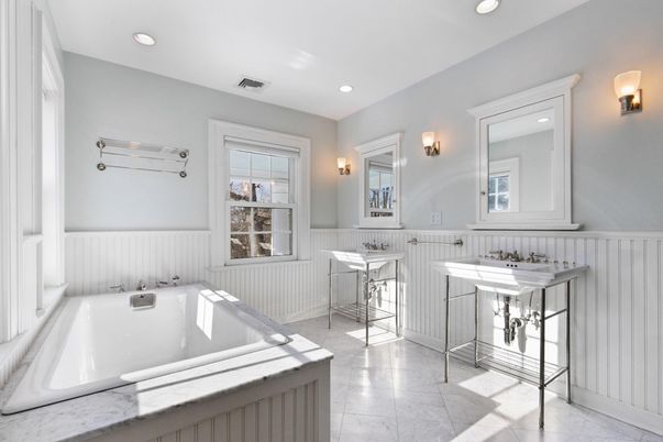 Bathroom, Dual Sink Vanities, Interior, Marble, Recessed Lighting