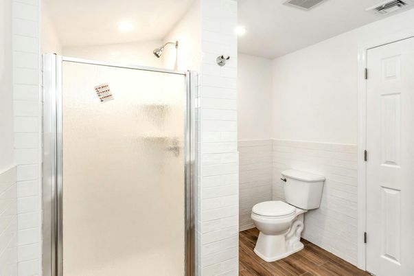 Bathroom, Glass Shower, Interior, Recessed Lighting, Wood Texture Flooring