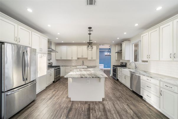 Interior, Kitchen, Pendant Lights, Recessed Lighting, Stainless Steel Appliances, Wood Texture Flooring