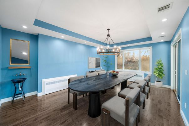 Chandelier, Dining room, Interior, Recessed Lighting, Wood Texture Flooring