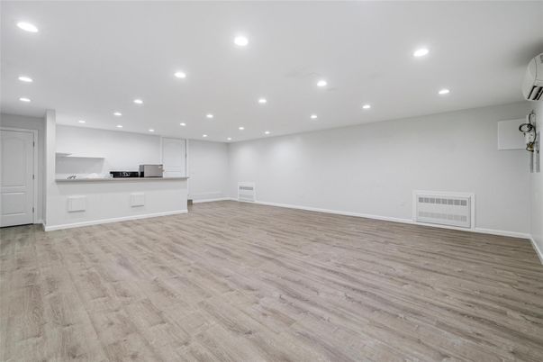 Empty room, Interior, Kitchen, Recessed Lighting, Wood Texture Flooring
