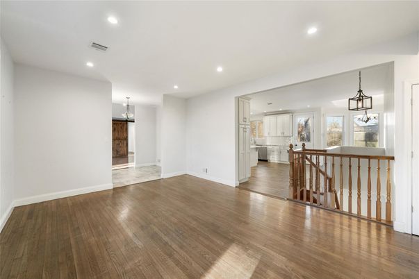 Chandelier, Empty room, Interior, Kitchen, Pendant Lights, Recessed Lighting, Wood Texture Flooring