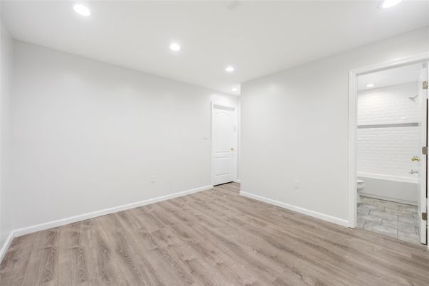 Bathroom, Empty room, Interior, Recessed Lighting, Wood Texture Flooring