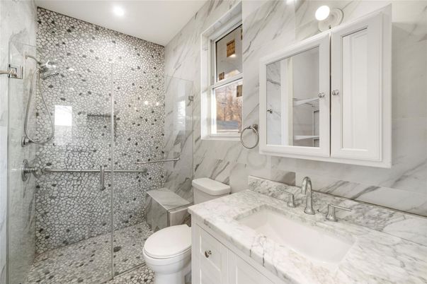Bathroom, Glass Shower, Interior, Marble Walls, Recessed Lighting