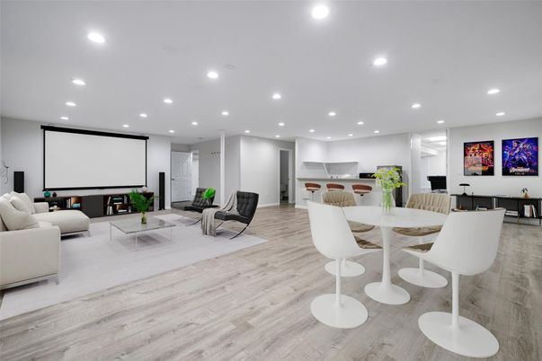 Dining room, Interior, Living room, Projection Screen, Recessed Lighting, Wood Texture Flooring