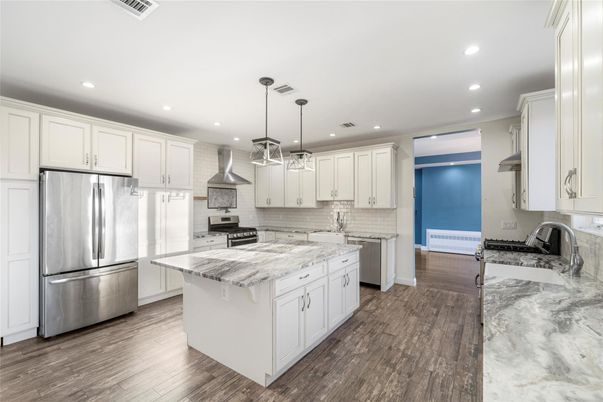 Interior, Kitchen, Pendant Lights, Recessed Lighting, Stainless Steel Appliances, Wood Texture Flooring