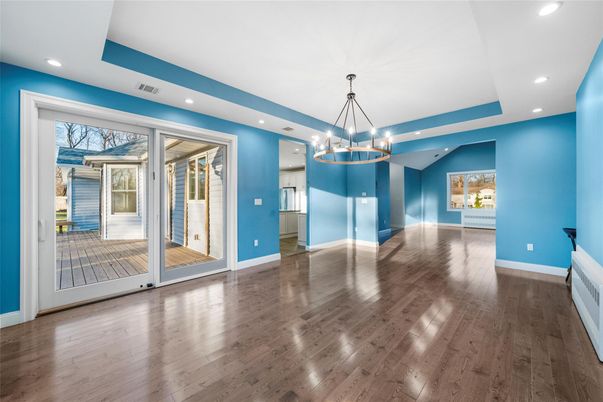 Chandelier, Empty room, Interior, Recessed Lighting, Wood Texture Flooring