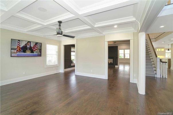 Empty room, Fireplace, Interior, Recessed Lighting, Wood Texture Flooring