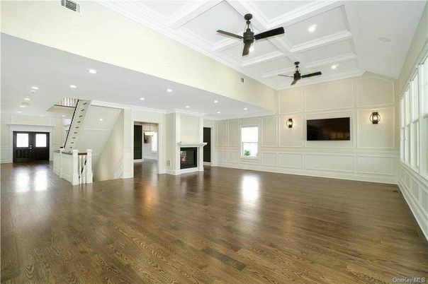Empty room, Fireplace, Interior, Recessed Lighting, Wood Texture Flooring