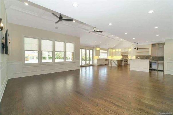 Empty room, Interior, Kitchen, Recessed Lighting, Wood Texture Flooring