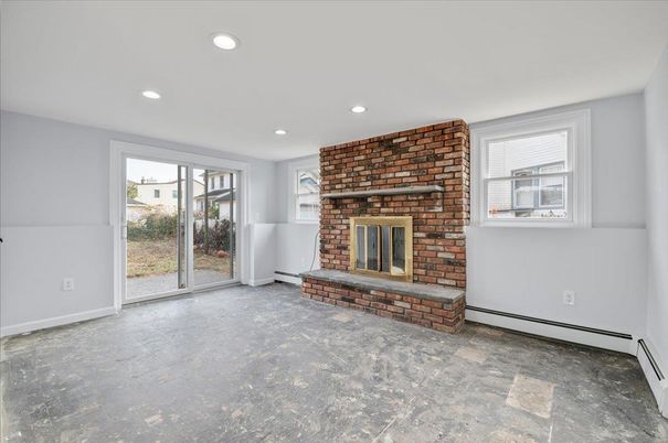 Empty room, Fireplace, Interior, Recessed Lighting, Stone Walls