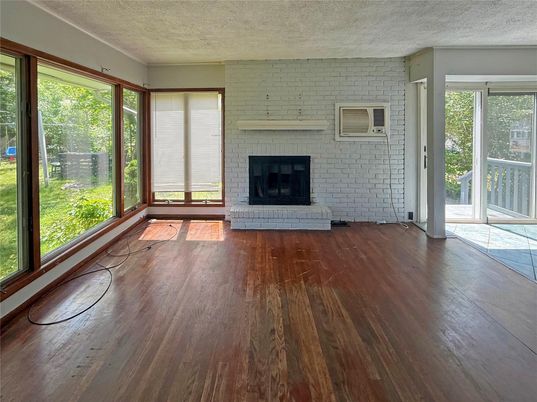 Empty room, Fireplace, Interior, Stone Walls, Wood Texture Flooring