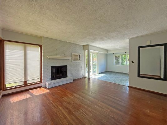 Empty room, Fireplace, Interior, Stone Walls, Wood Texture Flooring